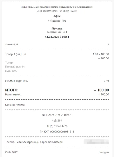 Внешний вид электронного чека, который отправила кассовая программа Nextmarket на электронную почту покупателю