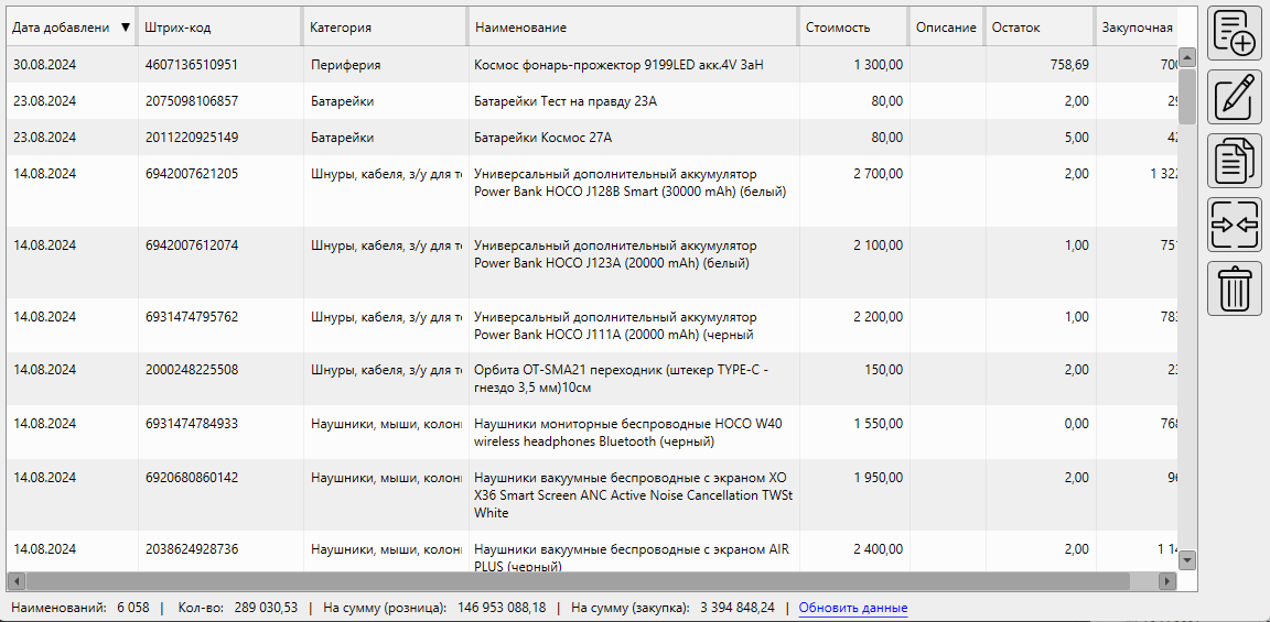 Кассовая программа Nextmarket. Список товаров в каталоге 