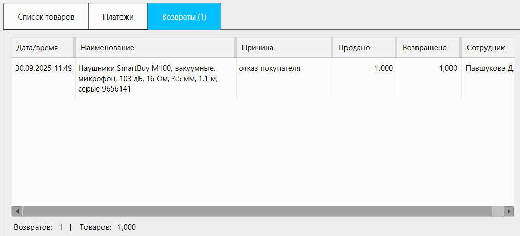 Кассовая программа Nextmarket.Список возвращенных товаров 